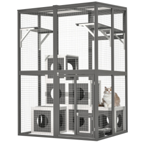 Outdoor Wooden Cat Catio - Large Solid Wood Cat Cage Playpen With 2 Jumping Platforms  7 Napping Houses, Walk-in Cat Kennel Condo Shelter, Grey